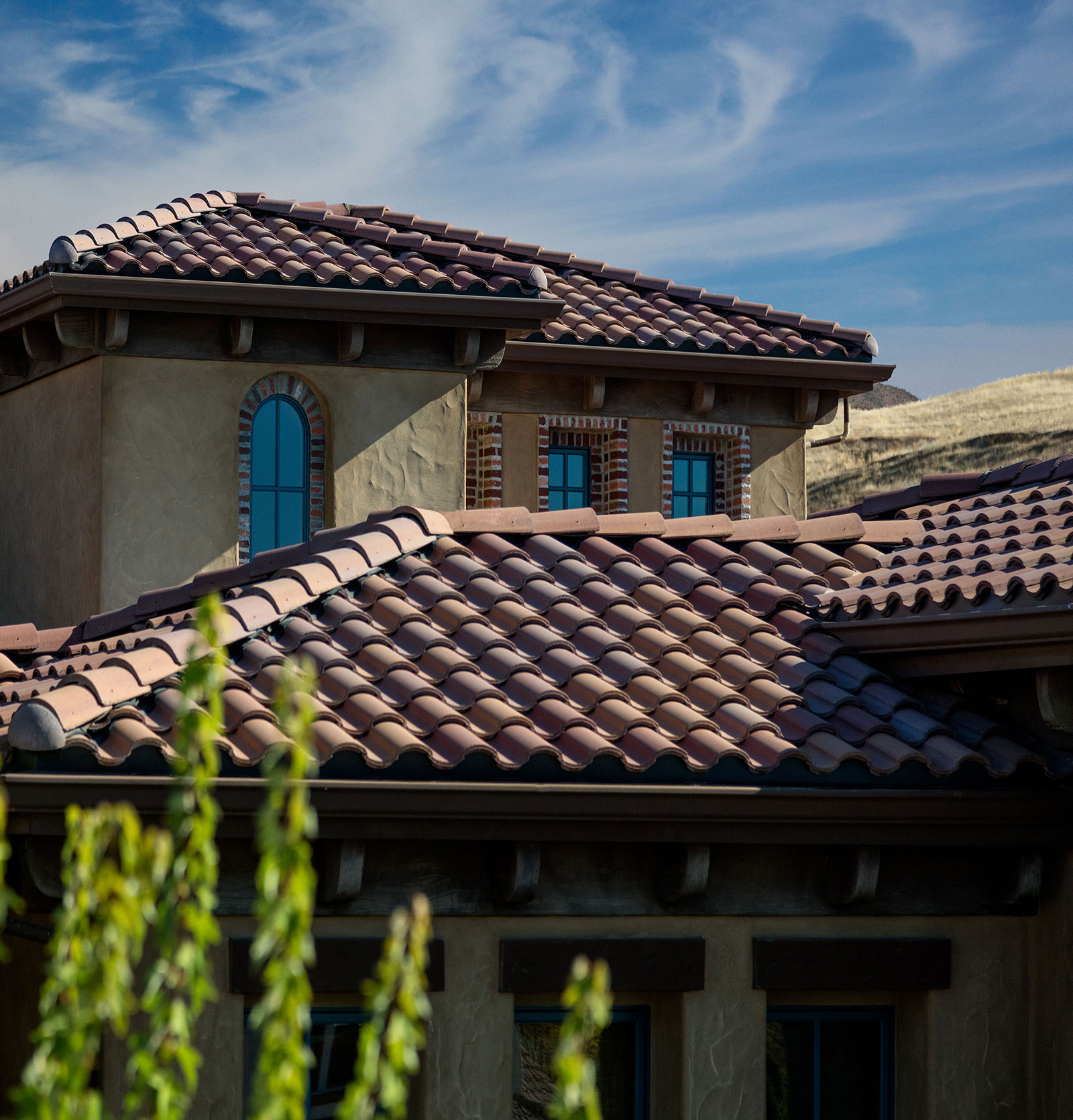 Capistrano Tile Roof Mediterranean villa featuring multi-toned brown barrel clay roof tiles.