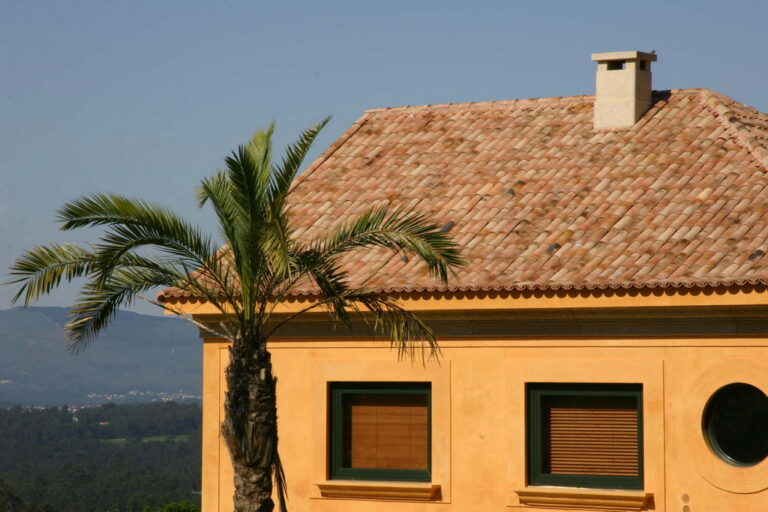 Mediterranean-style home with weathered clay roof tiles, yellow stucco walls, and palm tree in the foreground.
